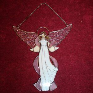 Vintage Stained Glass Angel, Metal/white/yelllow/pink